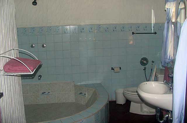 Bathroom Photo Example - bathroom in a country home with open shower area and light blue tiles
