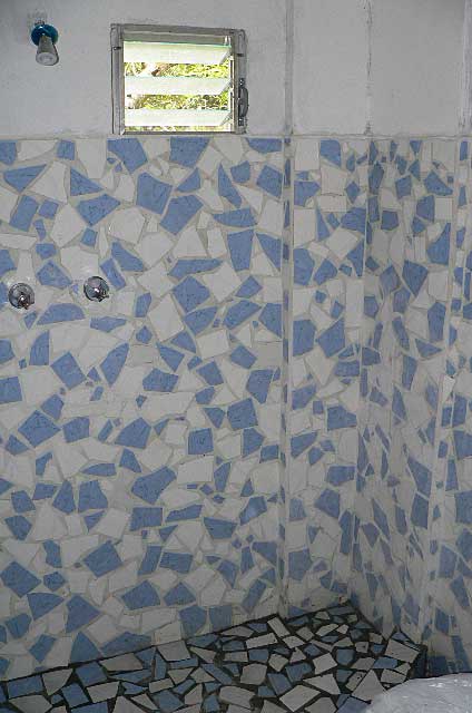 Bathroom Photo Example - simple shower covered with light blue and white mosaic style tiles