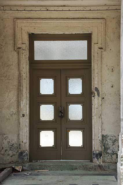 Photo Example of a traditional old door in brown color with white squares that I imagine can be replaced either with glass panels or any colored wood panel.