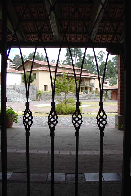 Photo of some very decorative metal window bars on a colonial house