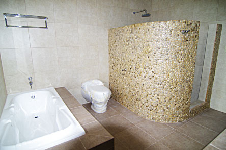 Examples of shower with stone walls, without curtains or glass doors